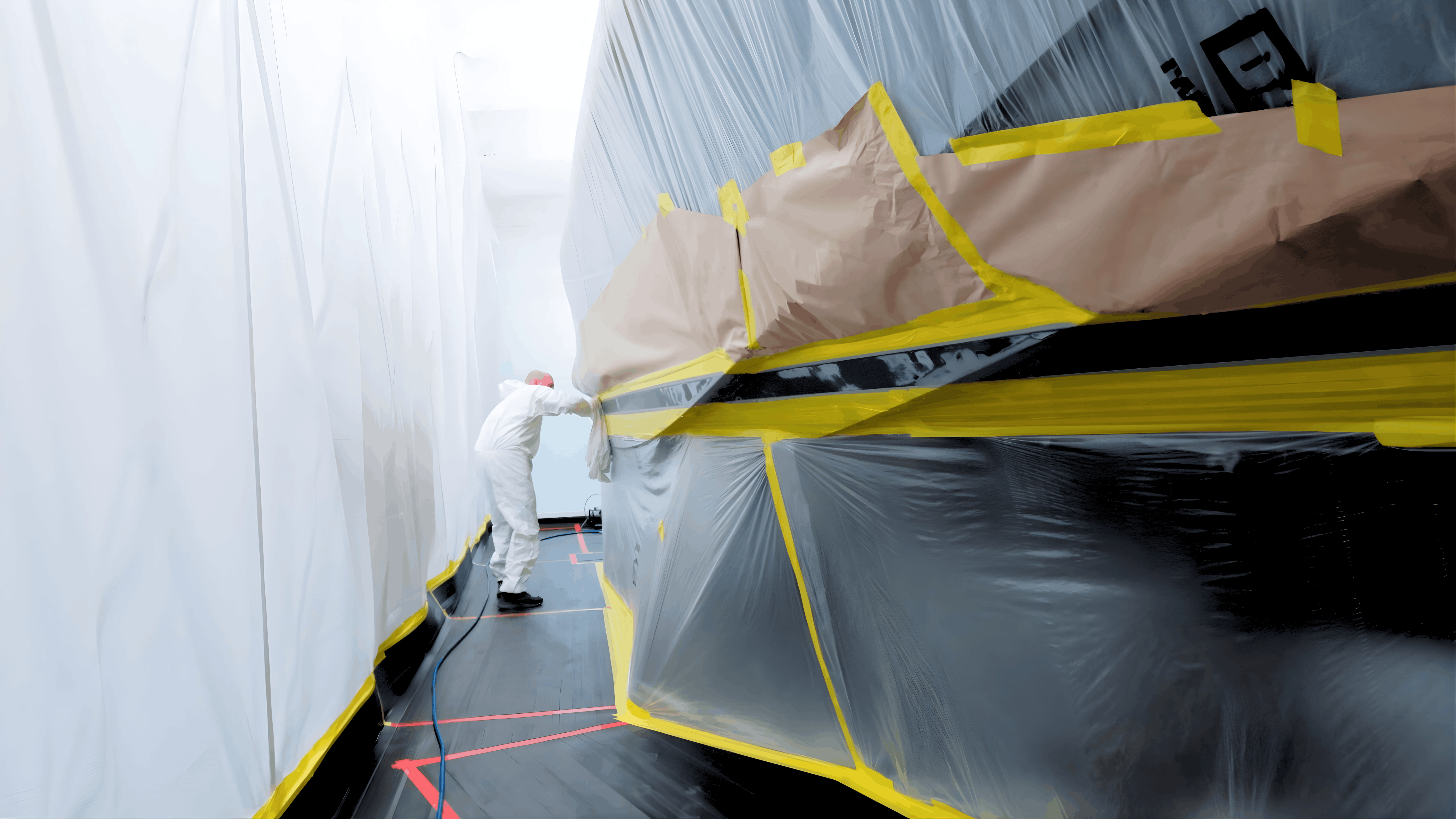 Interior of a retractable spray booth enclosing a masked super yacht hull ready for paint application.